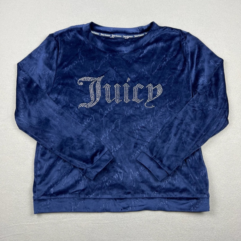 Juicy Couture Women M Blue Velour Rhinestone Pullover McBling Sweatshirt AOP Y2K